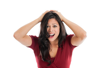 Angry hispanic woman portrait isolated on white