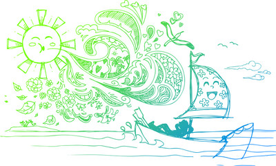 Sketched doodles of relaxing holidays at the seaside
