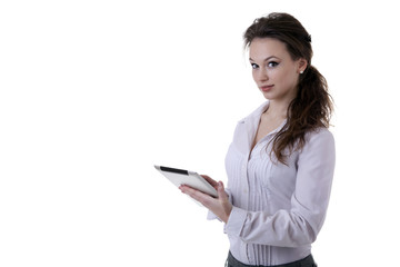 Fototapeta premium Businesswoman holding a digital tablet isolated over white