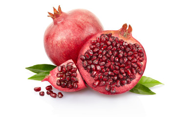 Pomegranate with leaves on white, clipping path included