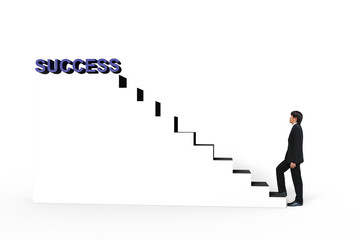 Young businessman walk up to white stair to success 3d text