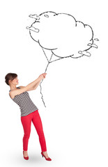 Young lady holding cloud balloon drawing