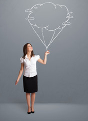 Pretty lady holding a cloud balloon drawing