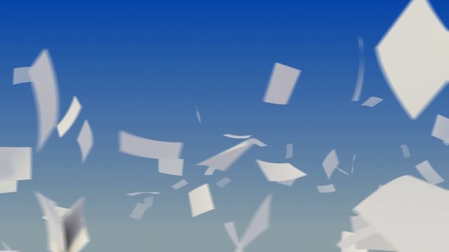 Flying papers on sky background.