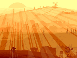 Abstract illustration of village in sunset rays.