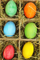 Easter eggs in wooden basket close up