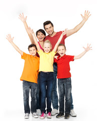 Fototapeta premium Happy family with raised hands up
