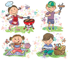 Kids on picnic with barbecue
