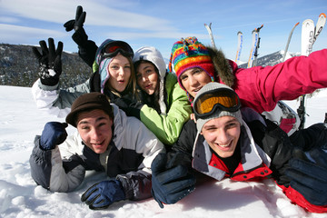 Group of friends on skiing holiday