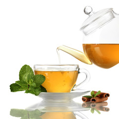 Cup of tea with mint and cinnamon isolated on white