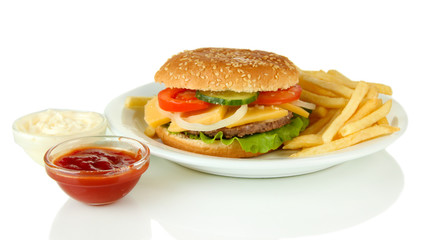 Tasty cheeseburger with fried potatoes, isolated on white