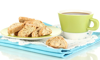 Aromatic cookies cantuccini and cup of coffee isolated on white