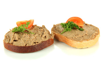 Fresh pate on bread, isolated on white