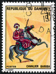 stamp printed by Dahomey, shows Bariba Warrior