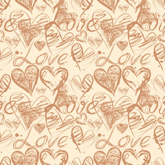 Grunge ink splash seamless pattern with hearts and calligraphy