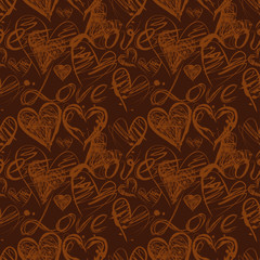 Grunge ink splash seamless pattern with hearts and calligraphy