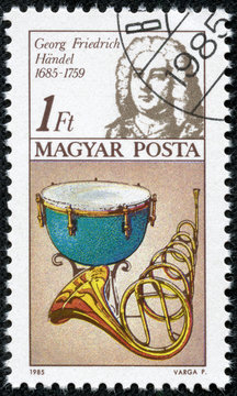 stamp shows Frederic Handel, kettle drum, horn