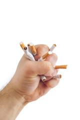 Human fist breaking cigarettes on white background