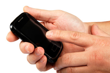 Fototapeta premium Modern touchscreen mobile phone in hand isolated on white backgr