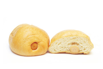 chicken sausage bun on white background