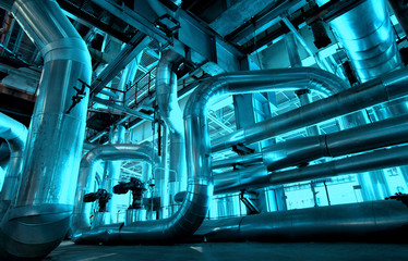 Industrial zone, Steel pipelines and cables in blue tones