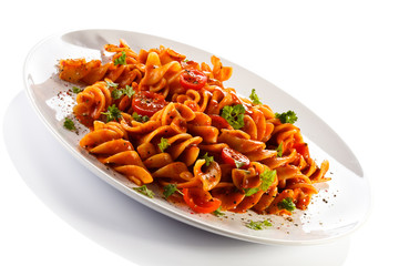 Pasta with meat, tomato sauce and vegetables