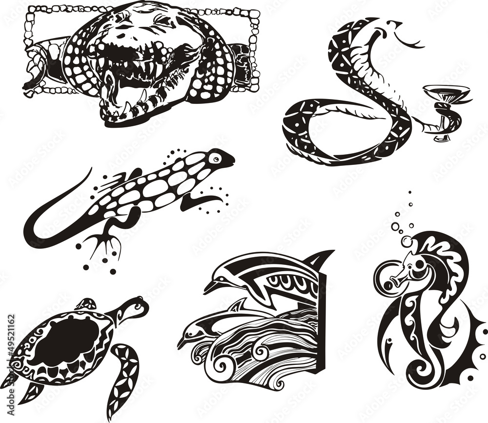 Wall mural Sketches of reptiles and sea animals