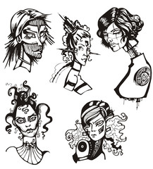 Heads of female cyborgs