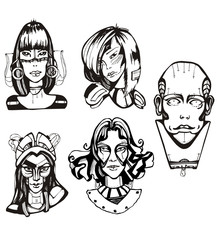 Heads of female cyborgs