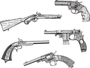 Set of old revolvers and pistols