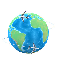 Fototapeta premium 3d Planes flying around the globe