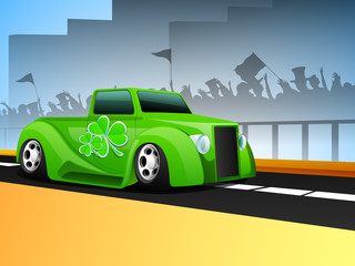 St. Patrick's Day car ready for parade with silhouette of celebr