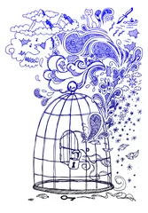 Crédence de cuisine en verre imprimé Oiseaux en cages Griffonnages de croquis de liberté avec une cage ouverte