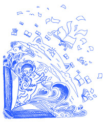 Blue sketchy doodles with books and cats