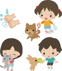 ペットと触れ合う子供たちと手洗いのイメージ