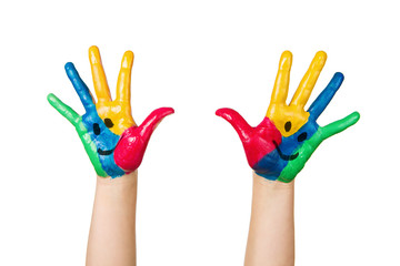 Close up of colorful child hands with smiley faces