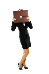 Full body picture of successful business woman hide of briefcase