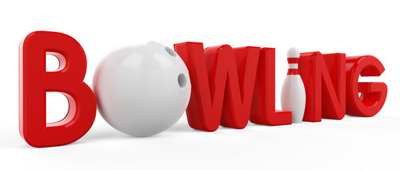 3D the word bowling, pins and ball on white background