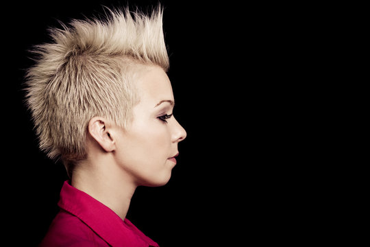 Profile Of Beautiful Blonde Woman With Short Hair Pink Shirt