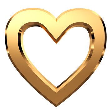 3D golden heart-shaped frame isolated on white background