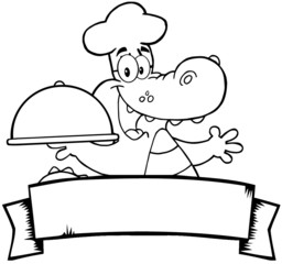 Happy Crocodile Chef Holding A Platter Over A Blank Banner