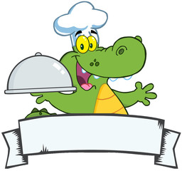 Happy Crocodile Chef Holding A Platter Over A Blank Banner