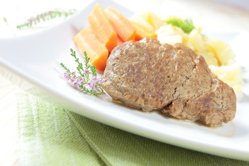 dinner with pork cutlets, potatoes and carrots - obrazy, fototapety, plakaty