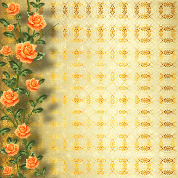 Grunge gold paper for congratulation with painting rose