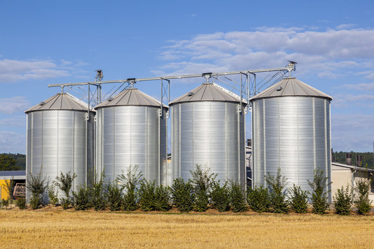 four silver silos in the field after the harvest