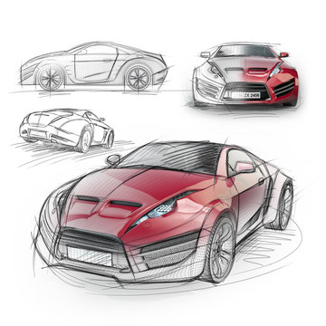 Sketch drawing of a sports car. Non-branded concept car.