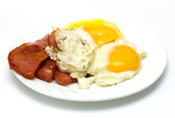 fried sausage with eggs on a white background