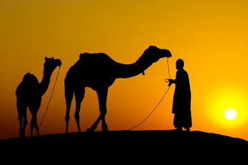 Silhouette of a man and two camels at sunset, Jaisalmer - India