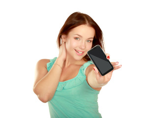 Naklejka premium Portrait of beautiful young female using cellphone