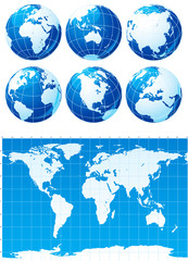 Vector set of  World map  and six globes